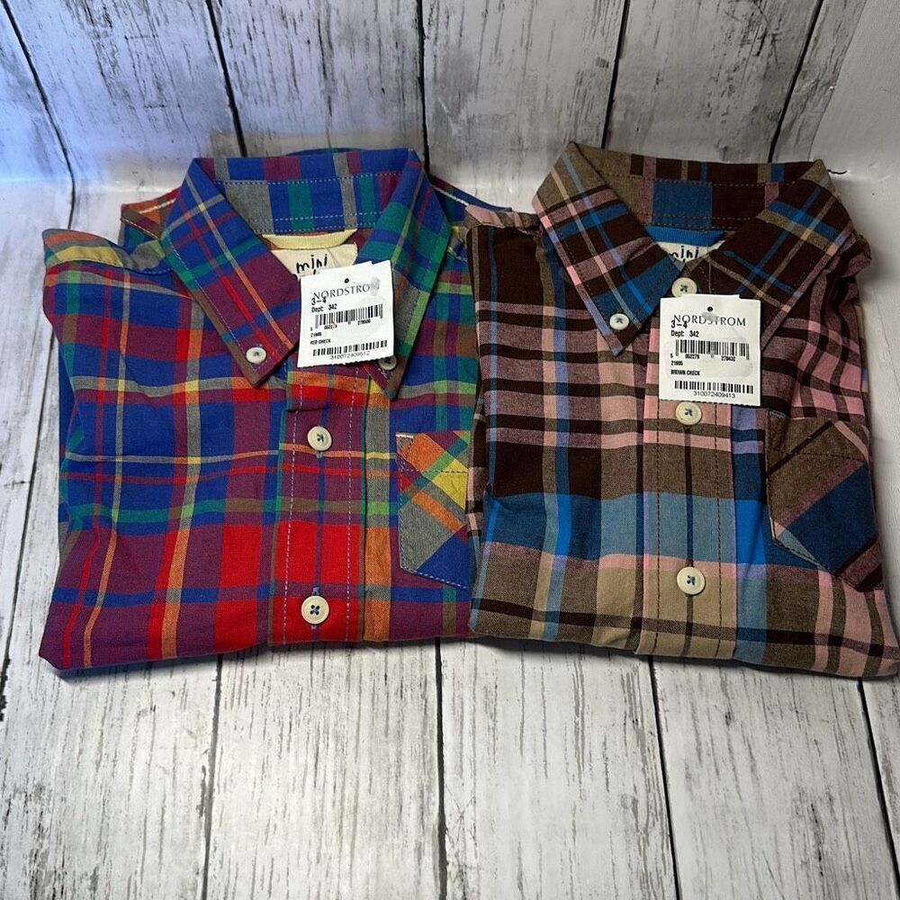 Mini Boden Striped Plaid Button Down Boys Short Sleeve size 3-4Y Brown Blue set